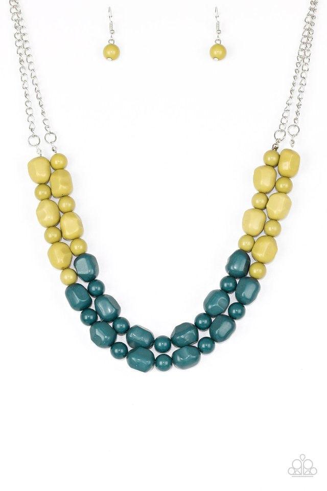 Paparazzi Accessories Island Excursion - Green 2 Tiers of round and abstract green beading give way to blue beading, creating a cascading complementary ombre-effect below the collar. Features an adjustable clasp closure. Jewelry