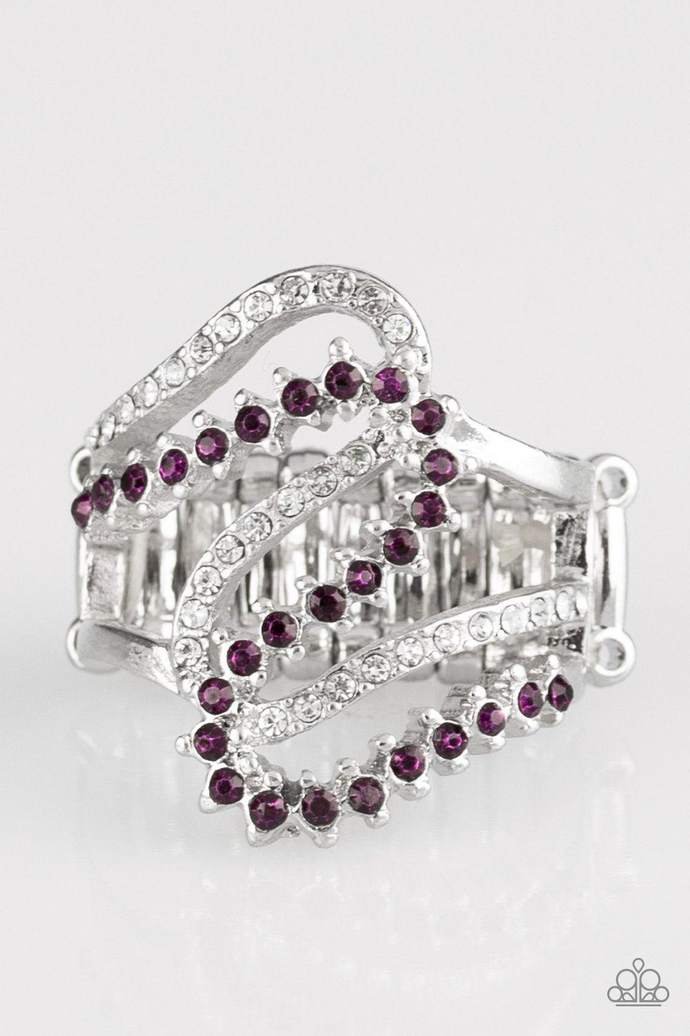 Paparazzi Accessories Make Waves - Purple Encrusted in dainty purple and white rhinestones, radiant silver ribbons wave across the finger, coalescing into a whimsical band. Features a stretchy band for a flexible fit. Sold as one individual ring. Jewelry