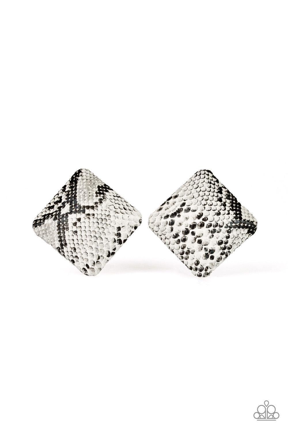 Paparazzi Accessories Making HISS-tory - White Featuring a python print, an overly dramatic square frame dots the ear for a statement-making look. Earring attaches to a standard post fitting. Jewelry