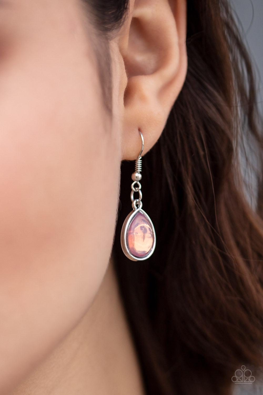 Paparazzi Accessories Iridescently Irresistible - Pink Sleek silver frames encase opalescent pink teardrops that cluster together to create a bubbly statement piece. Features an adjustable clasp closure. Sold as one individual necklace. Includes one pair