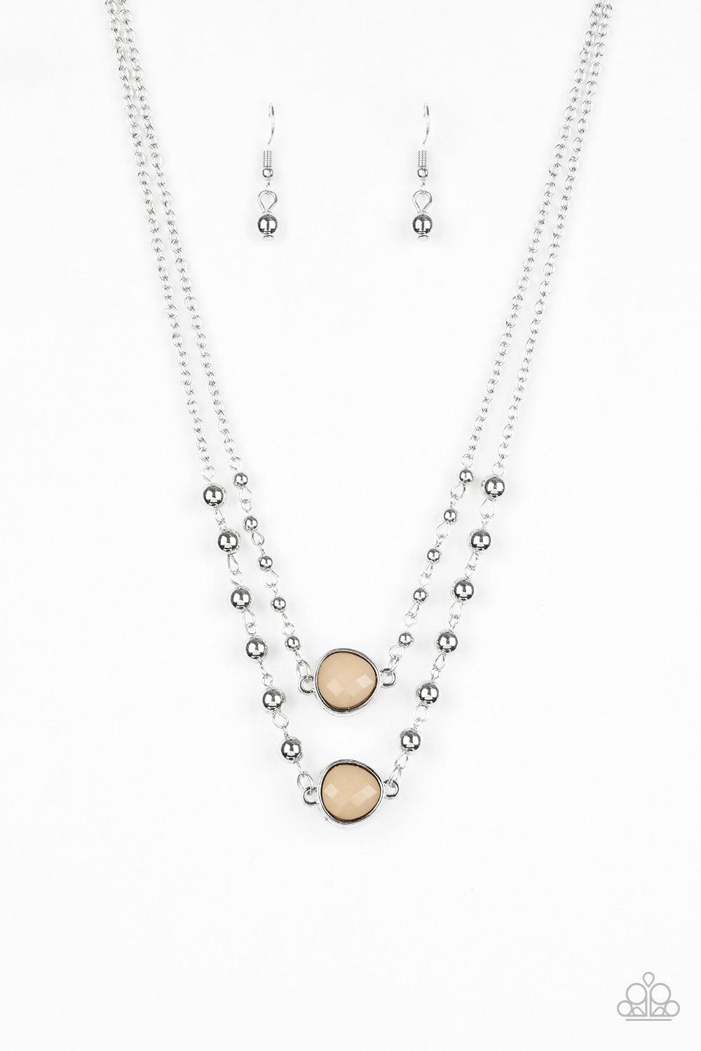Paparazzi Accessories Colorfully Charming - Brown Featuring asymmetrical teardrop shapes, faceted brown beads layer below the collar. Dainty silver beads adorn the uppermost silver strand, while slightly larger silver beads dot the lowermost strand for a