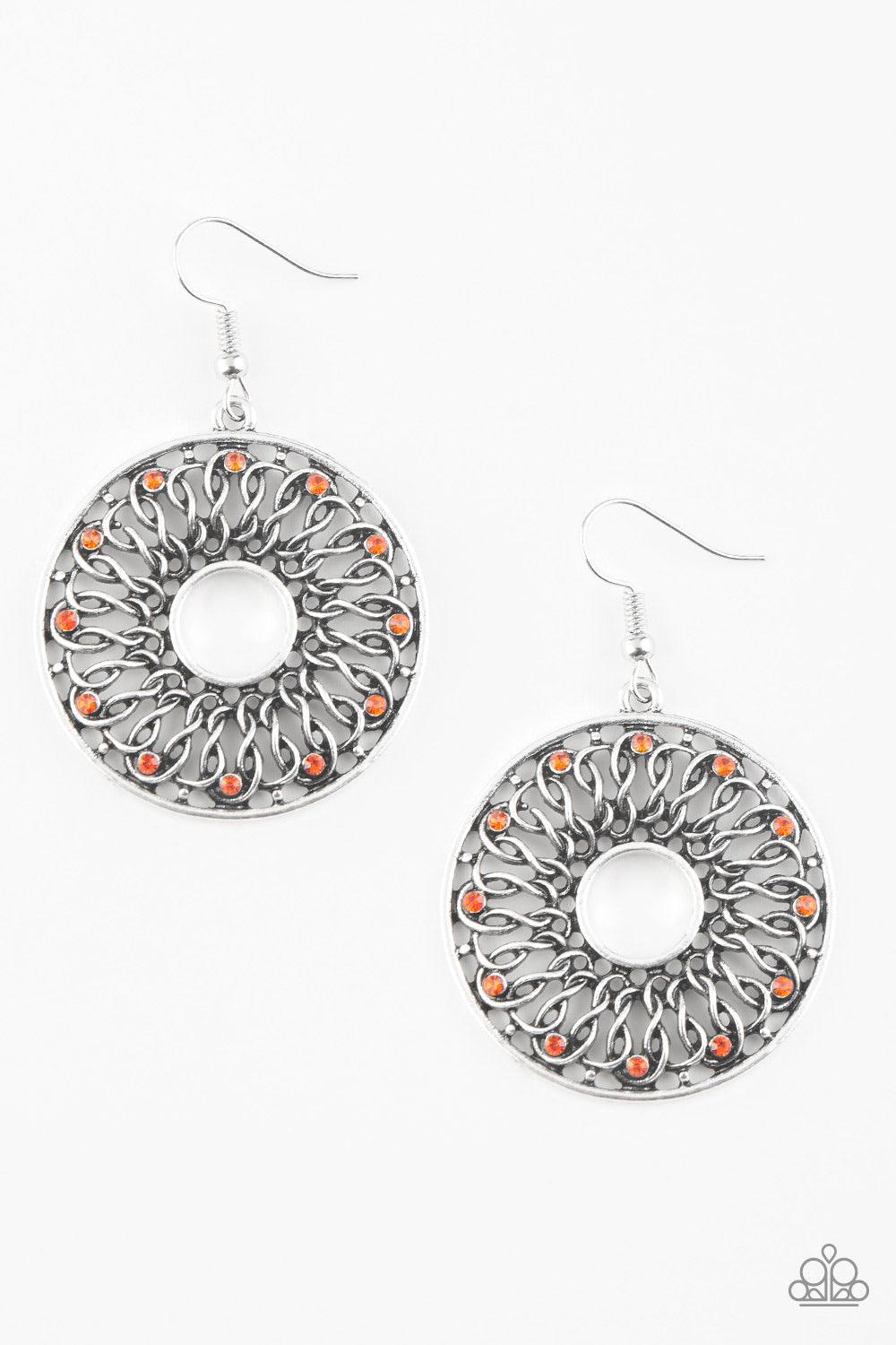 Paparazzi Accessories Malibu Musical - Orange Dotted in dainty orange rhinestones, glistening silver wires twist and interlock inside of a shimmery silver hoop for a whimsical look. Earring attaches to a standard fishhook fitting Jewelry