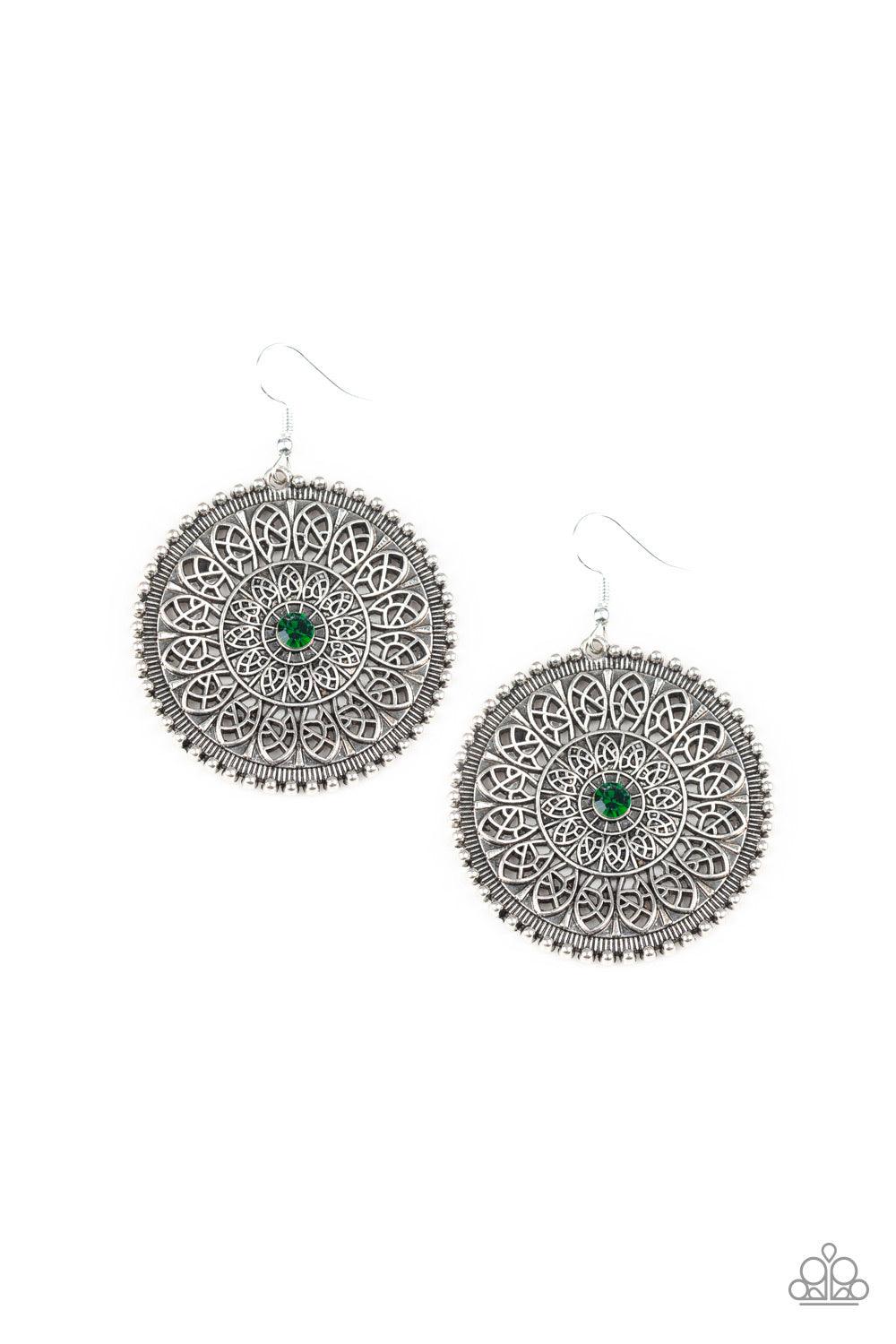 Paparazzi Accessories WHEEL and Grace - Green A dainty green rhinestone is pressed into the center of a round silver frame radiating with ornate petals, creating a frilly frame. Earring attaches to a standard fishhook fitting. Jewelry