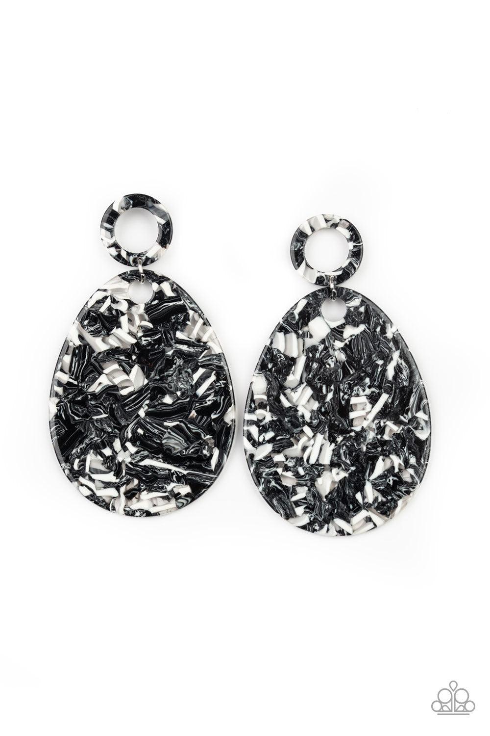 Paparazzi Accessories Retro-politan - Black Featuring a radical black and white finish, a teardrop acrylic frame swings from the bottom of a matching acrylic hoop for a retro inspired look. Earring attaches to a standard post fitting. Color may vary Jewel