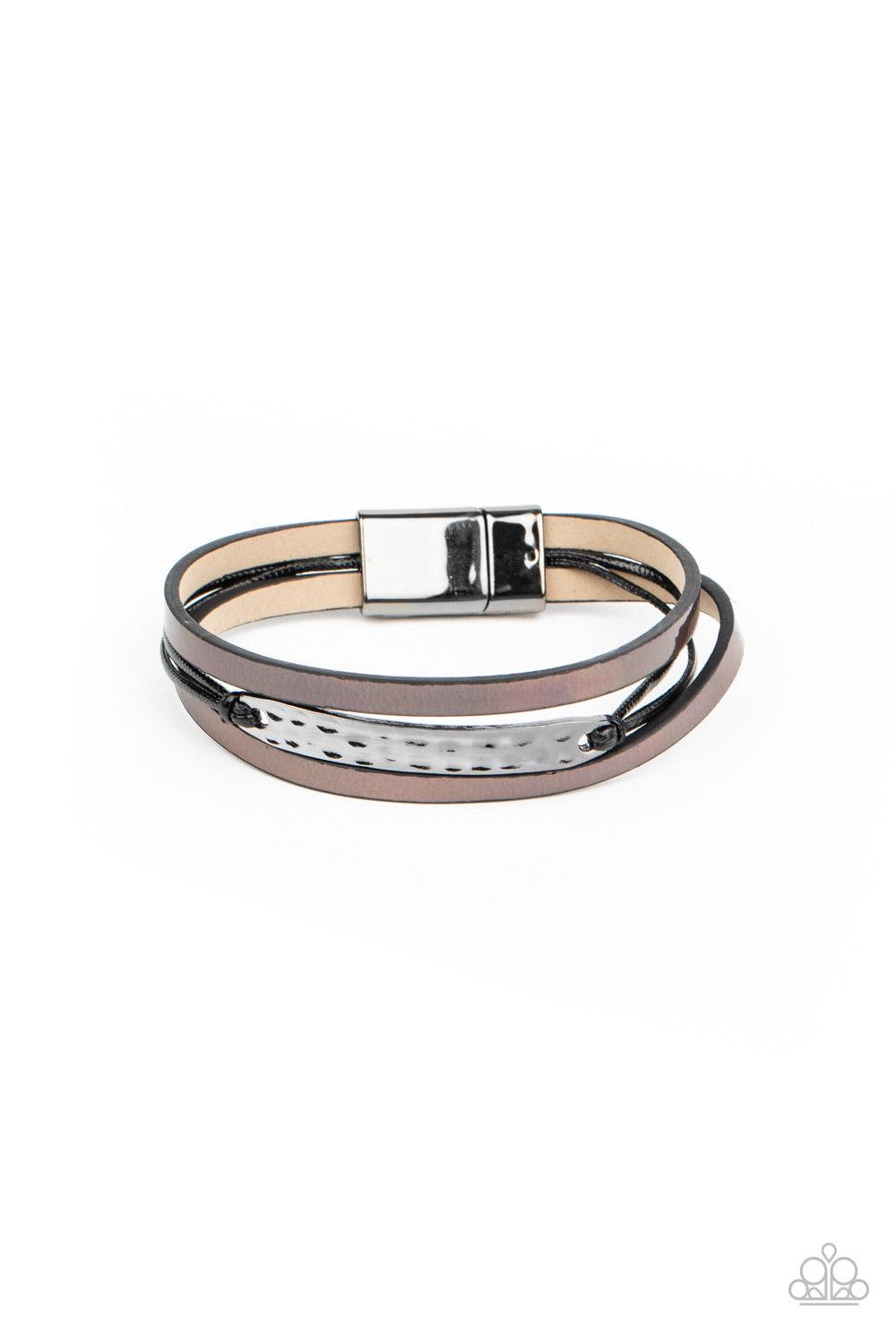 Paparazzi Accessories High-Strung Style - Black Shiny black cords and pieces of oil spill leather layer across the wrist. A hammered silver frame is knotted in place in the center, adding flashy hints of shimmer to the edgy centerpiece. Features a snap ma