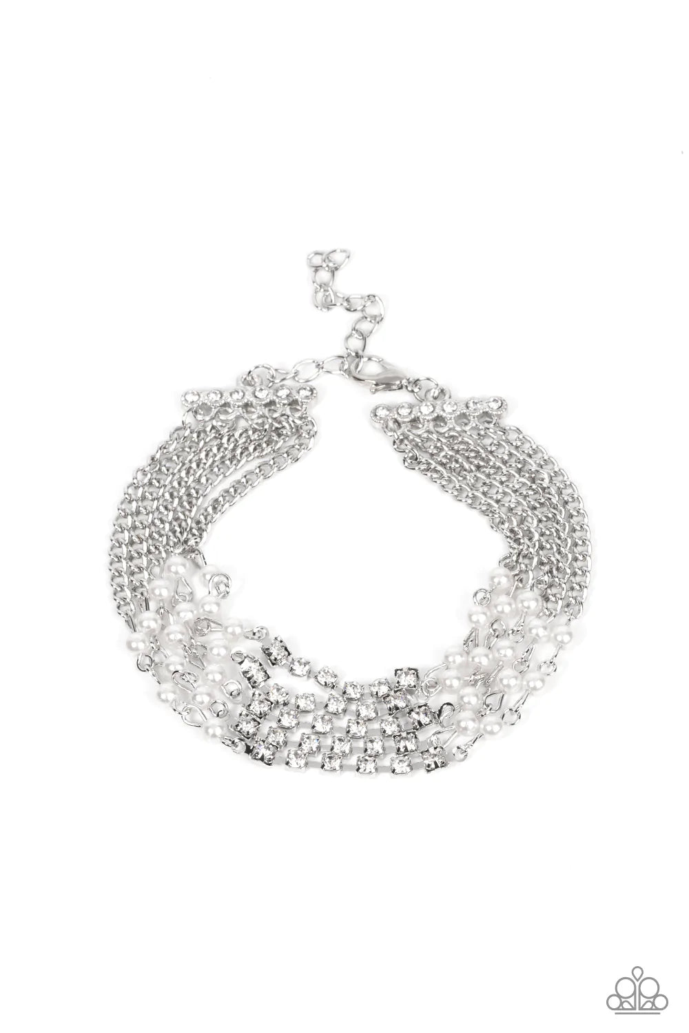 Paparazzi Accessories Experienced Elegance - White Held together with white rhinestone encrusted silver fittings, sections of dainty white pearls and glassy white rhinestones delicately connect to classic silver chains around the wrist for a timelessly la