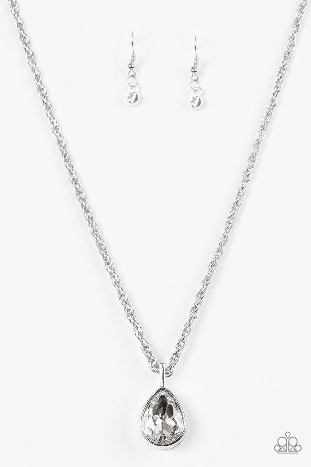 Paparazzi Accessories Million Dollar Drop - White A white teardrop gem is pressed into a sleek silver frame, creating a bold 3-dimensional pendant below the collar. Features an adjustable clasp closure. Sold as one individual necklace. Includes one pair o