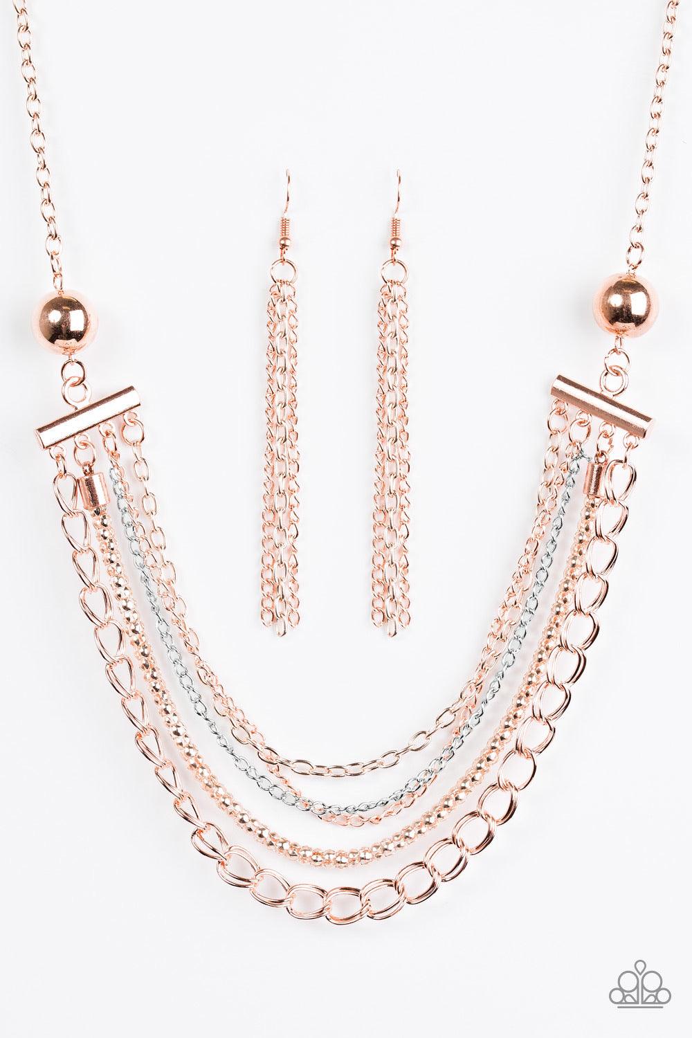 Paparazzi Accessories Intensely Intense - Copper Two shiny copper beads give way to an array of silver, rose gold, and shiny copper chains. Strung between two shiny copper beads, the mismatched chains layer below the collar in a spunky mixed metallic fash