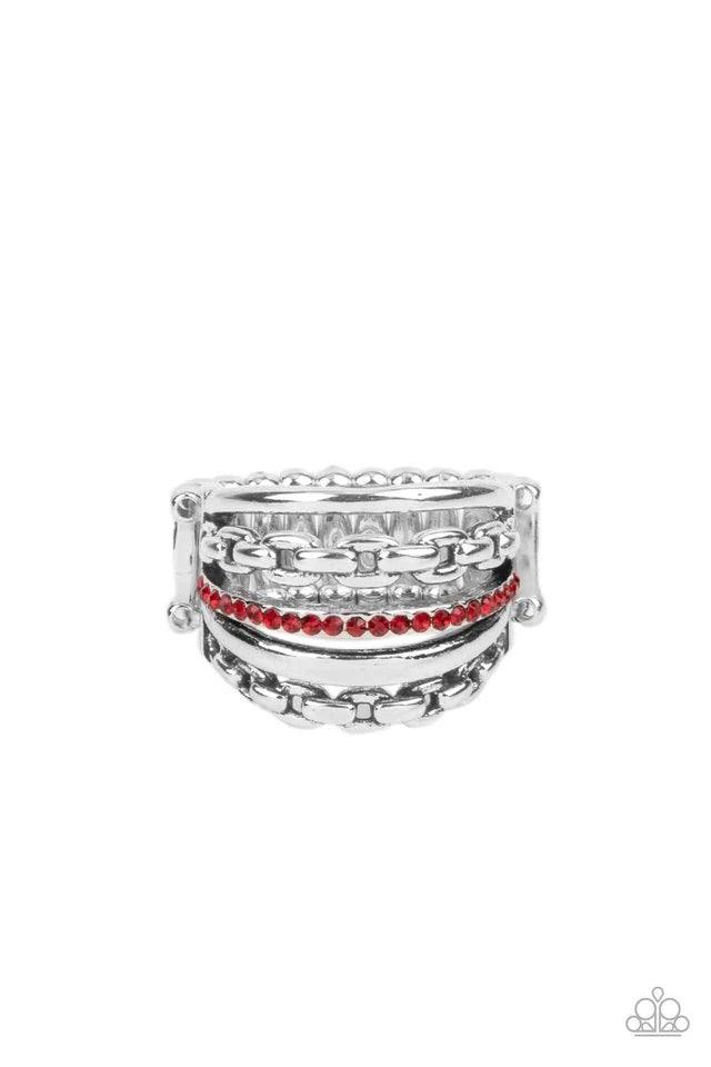 Paparazzi Accessories LINK Out Loud - Red Infused with a dainty band of glassy red rhinestones, layers of mismatched silver bands and chains stack across the finger in a bold finish. Features a stretchy band for a flexible fit. Jewelry