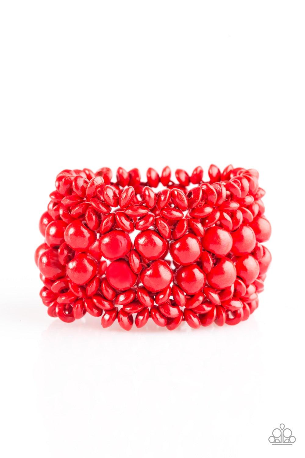 Paparazzi Accessories Tropical Bliss - Red Red wooden accents are threaded along elastic stretchy bands, creating an ornate bracelet. Rounded red wooden beads line the center of the summery pattern for a bold finish. Jewelry