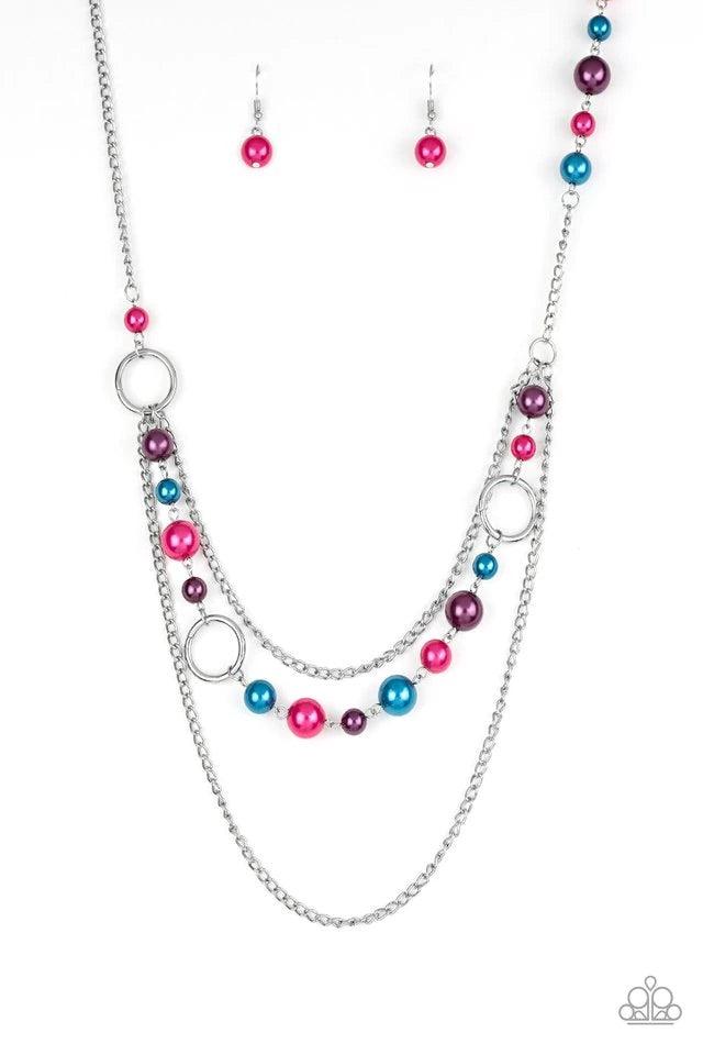 Paparazzi Accessories Party Princess - Multi Pearly blue, pink, and purple beads and shimmery silver hoops trickle along glistening silver chains, creating mismatched layers down the chest. Features an adjustable clasp closure. Jewelry