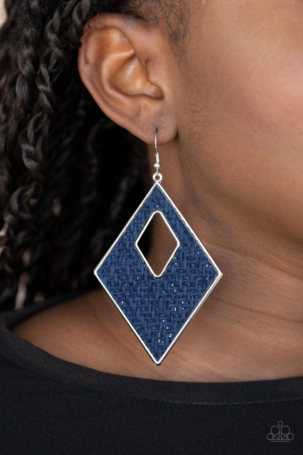 Paparazzi Accessories Woven Wanderer ~Blue Featuring a wicker-like pattern, blue thread weaves across the front of a silver diamond-shape frame for a trendsetting look. Earring attaches to a standard fishhook fitting. Sold as one pair of earrings.