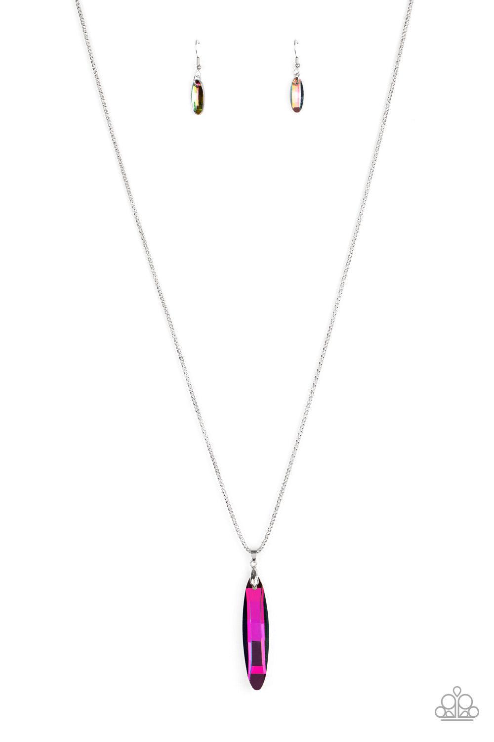 Paparazzi Accessories Meteor Shower - Multi Featuring a metallic back, a faceted oil spill gem swings from the bottom of a lengthened silver popcorn chain for an edgy look. Features an adjustable clasp closure. Sold as one individual necklace. Includes on