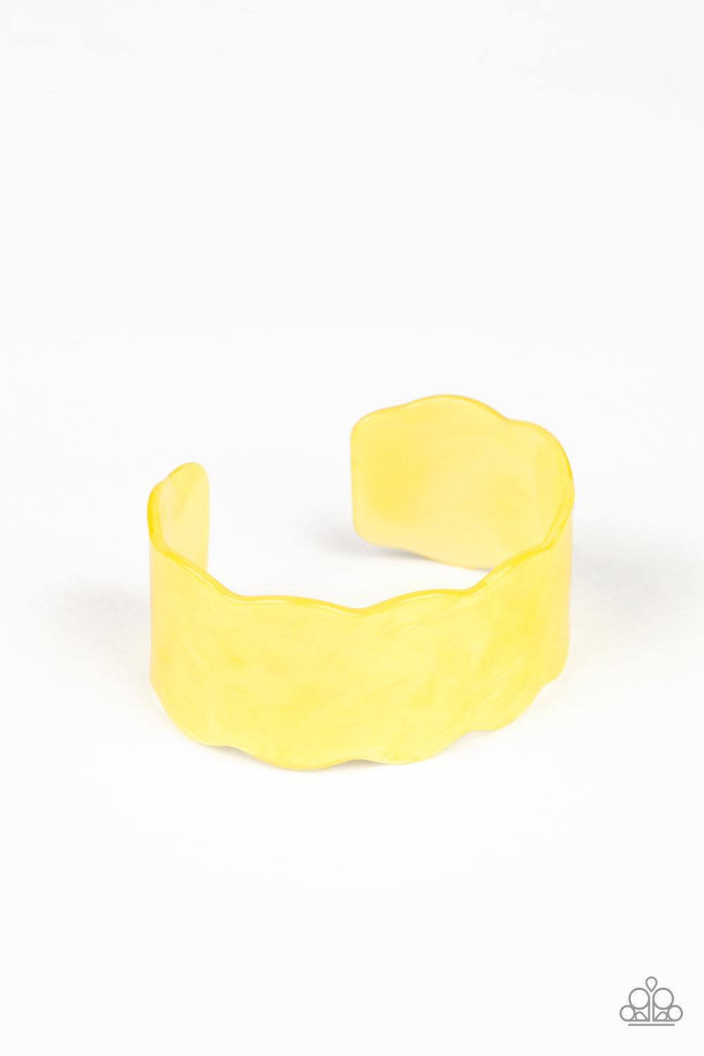 Paparazzi Accessories Retro Ruffle - Yellow Flecked in shimmer, a scalloped yellow acrylic cuff waves across the wrist for a colorfully retro look. Jewelry