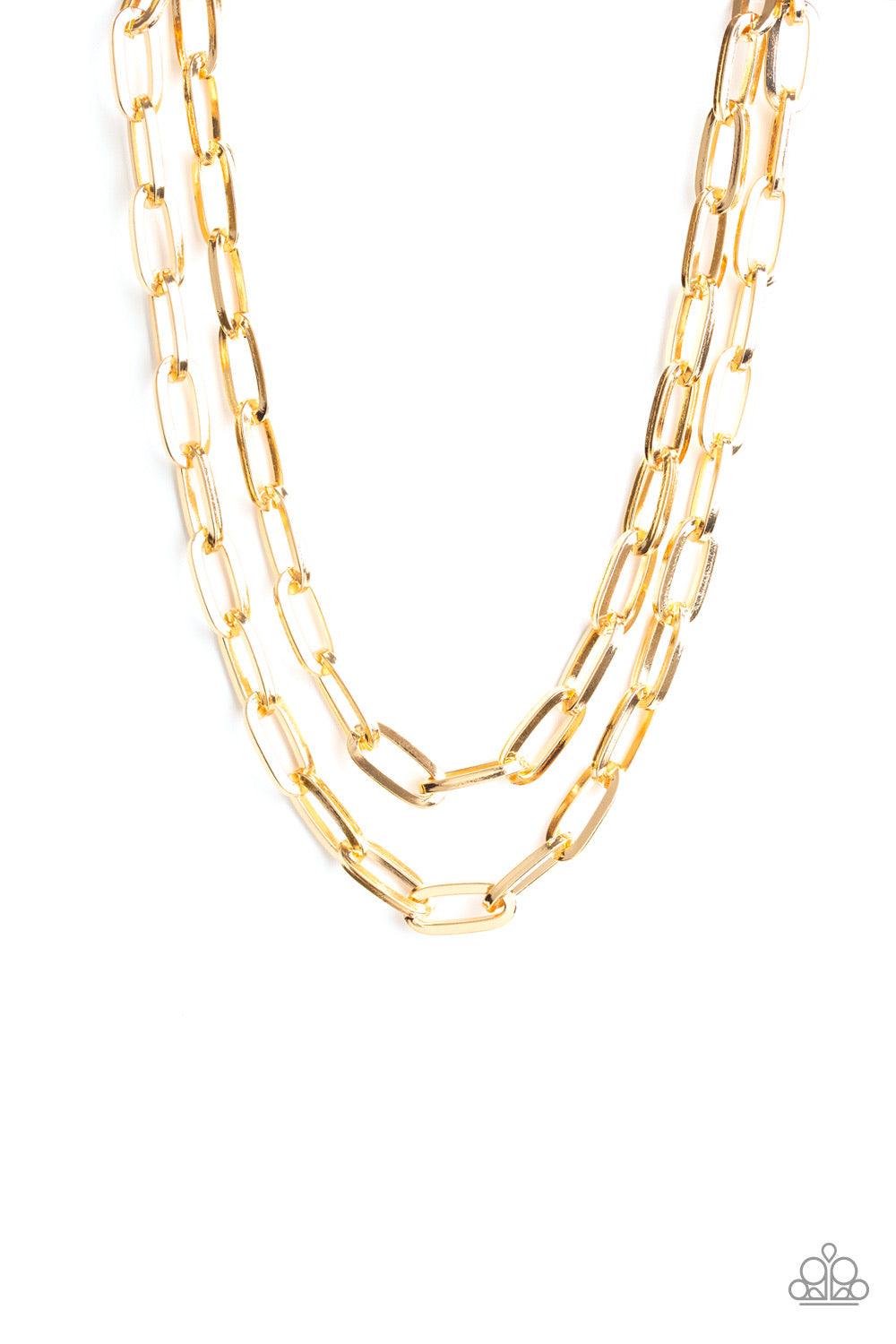 Paparazzi Accessories Make A CHAINge - Gold Dramatically oversized gold links connect below the collar, creating two bold layers below the collar for a knockout look. Features an adjustable clasp closure. Jewelry