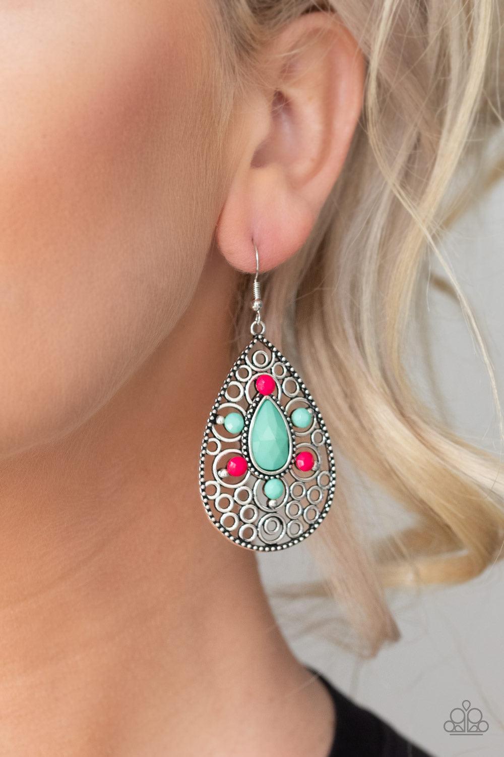 Paparazzi Accessories Modern Garden - Multi A collection of faceted pink and Biscay Green beads adorns the front of a frilly silver teardrop, creating a flowery frame. Earring attaches to a standard fishhook fitting. Sold as one pair of earrings. Jewelry