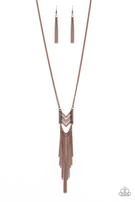Paparazzi Accessories Point Taken - Copper A stacked chevron-like frame swings from the bottom of a lengthened copper chain, giving way to a shimmery copper tassel for a tribal inspired look. Features an adjustable clasp closure. Jewelry