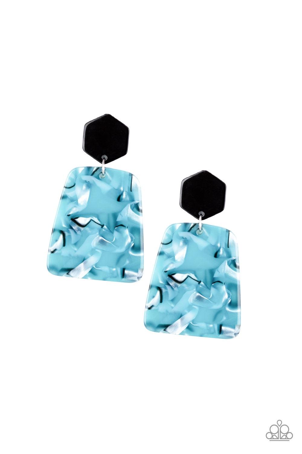 Paparazzi Accessories Majestic Mariner - Blue Featuring a faux-marble finish, a blue acrylic frame swings from the bottom of a black hexagon frame for a retro look. Earring attaches to a standard post fitting. Jewelry