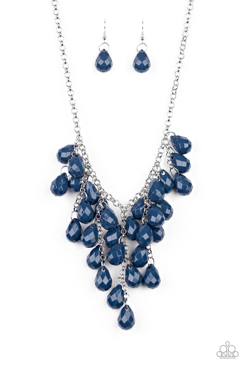 Paparazzi Accessories Serenely Scattered - Blue Strands of faceted blue teardrops cascade from the bottom of a shimmery silver chain, creating a vivacious scattered fringe below the collar. Features an adjustable clasp closure. Jewelry