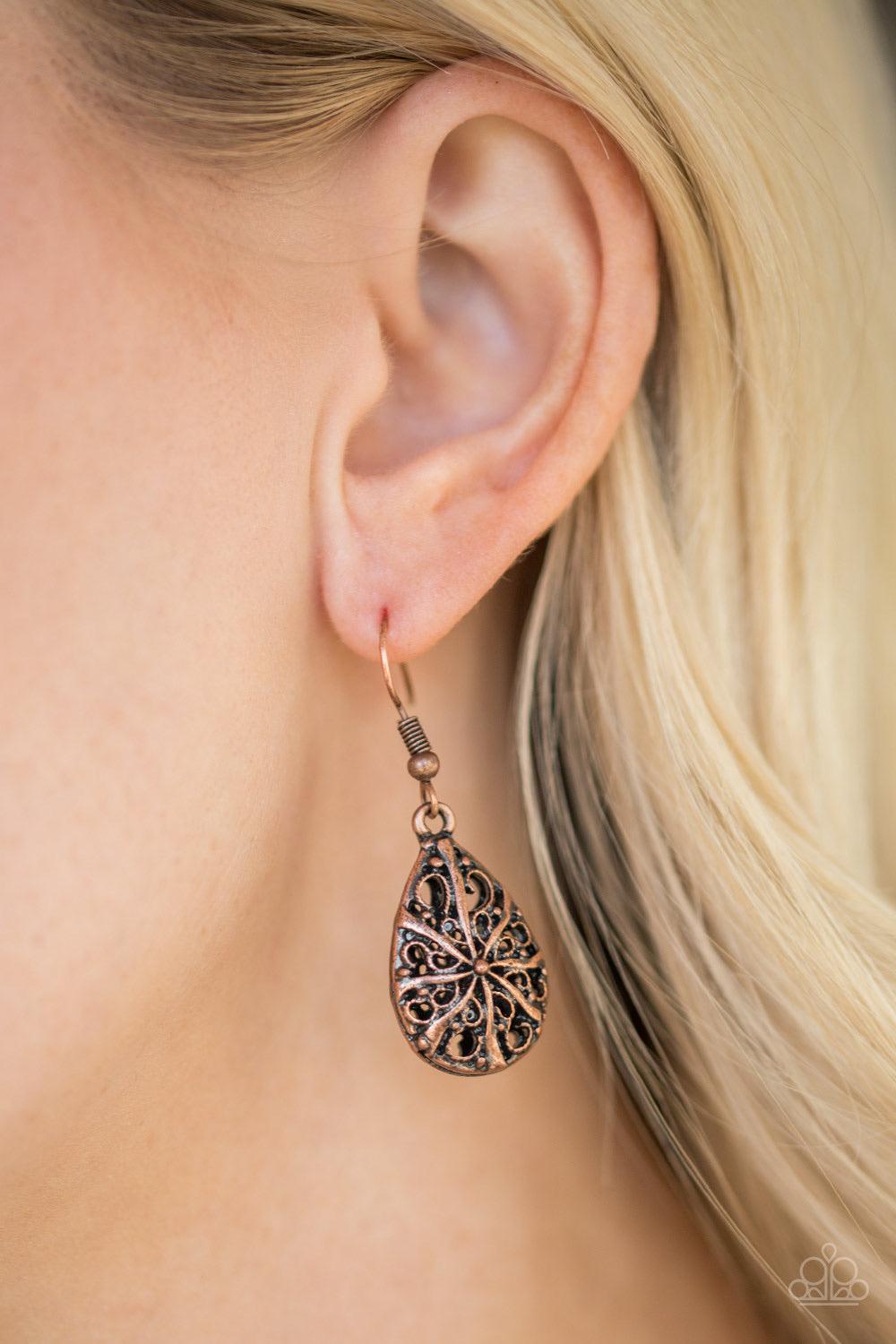 Paparazzi Accessories Western Wisteria ~ Copper Brushed in an antiqued finish, shimmery copper filigree joins into a dainty teardrop frame for a whimsical look. Earring attaches to a standard fishhook fitting.