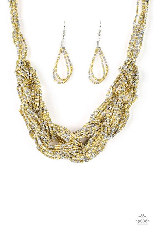 Paparazzi Accessories City Catwalk - Gold Brushed in a flashy finish, countless strands of gold and silver seed beads weave into a bulky square braid below the collar for a glamorous look. Features an adjustable clasp closure. Sold as one individual neckl