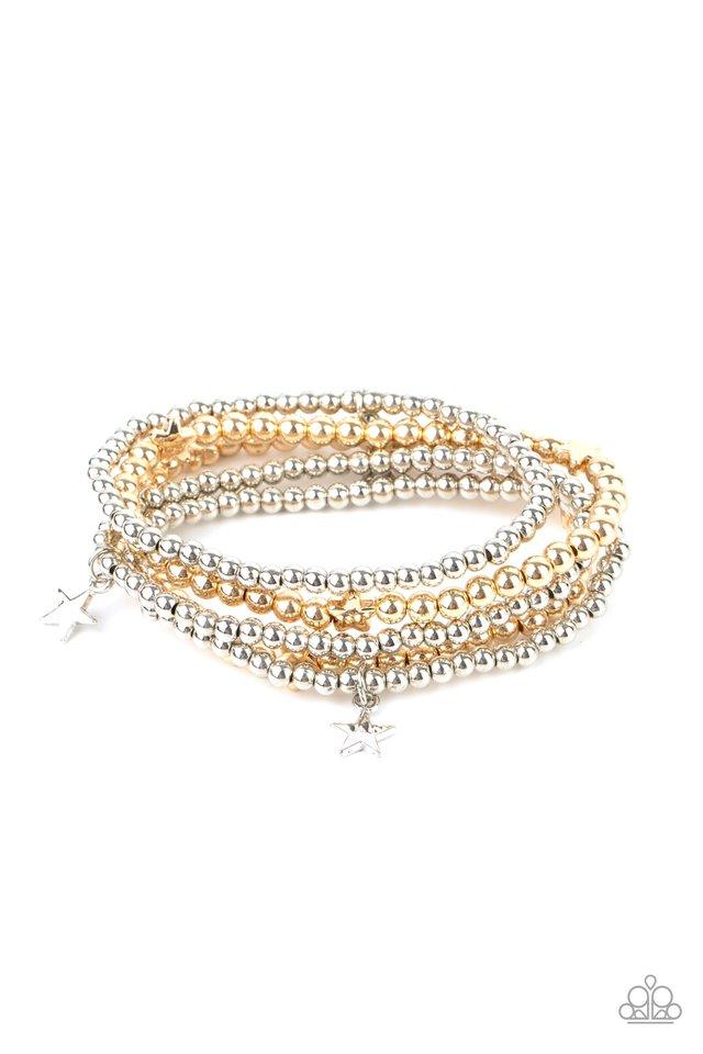 Paparazzi Accessories American All-Star - Multi Infused with dainty gold star beads and shiny silver star charms, strands of gold and silver beaded stretchy bands stack across the wrist, creating a patriotic shimmer. Sold as one set of five bracelets. Jew
