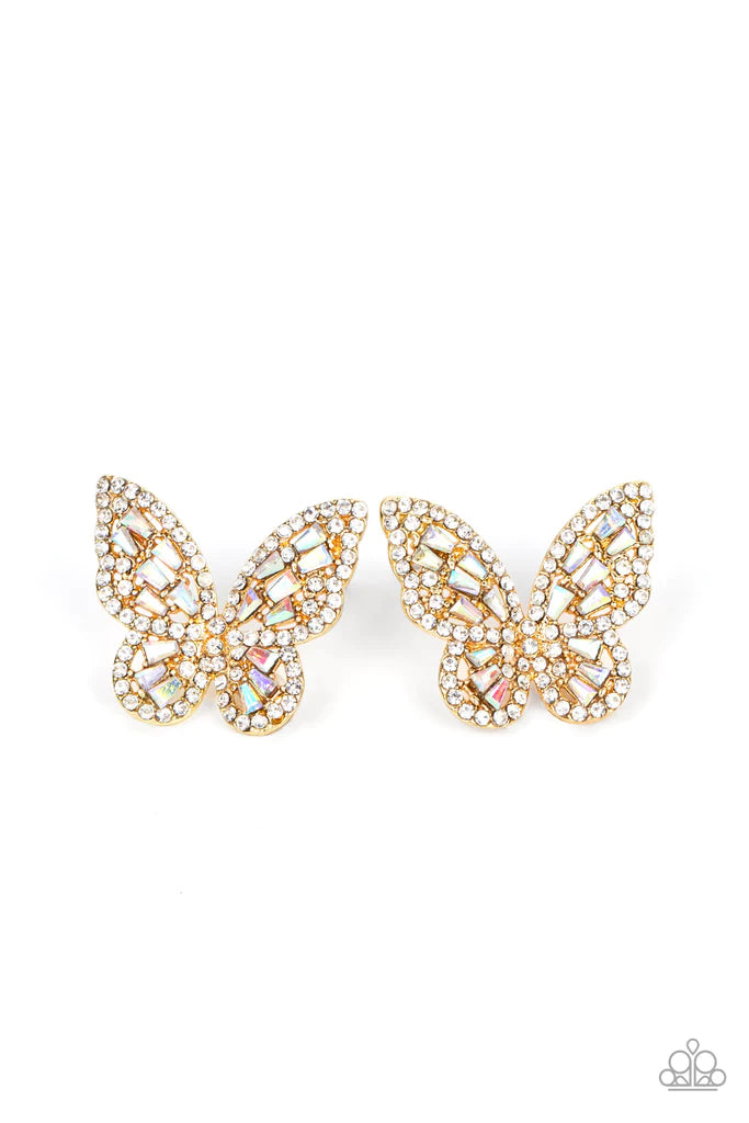 Paparazzi Accessories Smooth Like FLUTTER - Gold Bordered in dainty white rhinestones, emerald cut iridescent rhinestones sparkle inside the gold wings of a butterfly for an enchanting fashion. Earring attaches to a standard post fitting. Sold as one pair