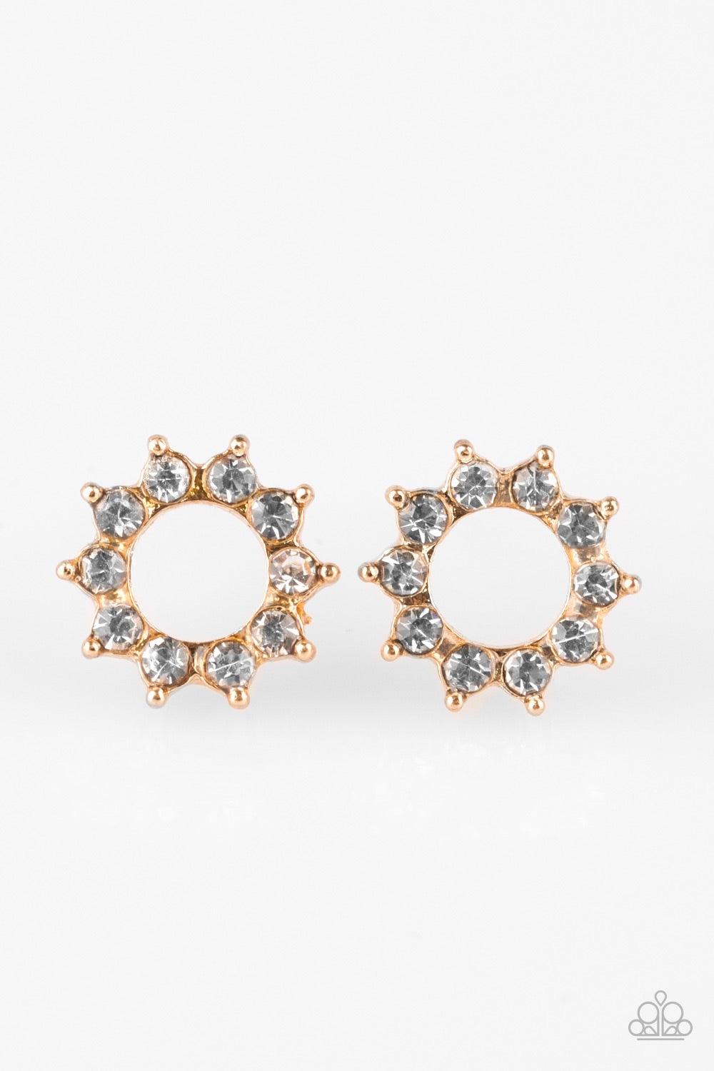 Paparazzi Accessories Richly Resplendent - Gold Glittery white rhinestones are encrusted along a radiating gold frame, creating a resplendent frame. Earring attaches to a standard post fitting. Jewelry