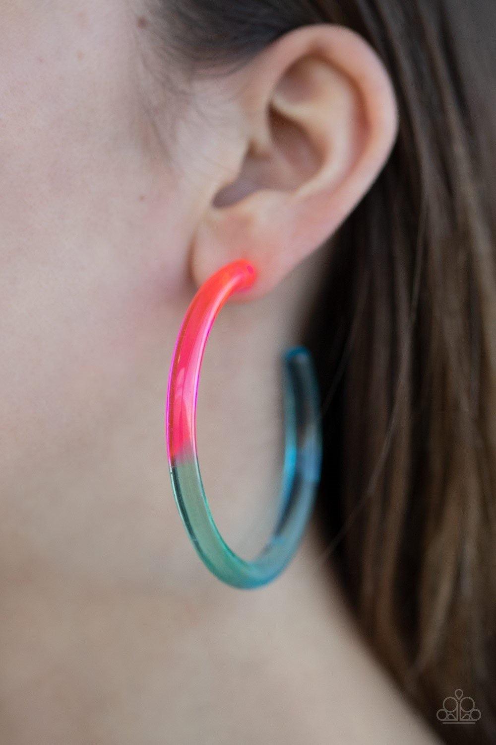 Paparazzi Accessories Awesome Aura - Multi A colorful acrylic hoop fades from pink to green to blue for a retro inspired look. Earring attaches to a standard post fitting. Hoop measures approximately 2 1/4" in diameter. Jewelry