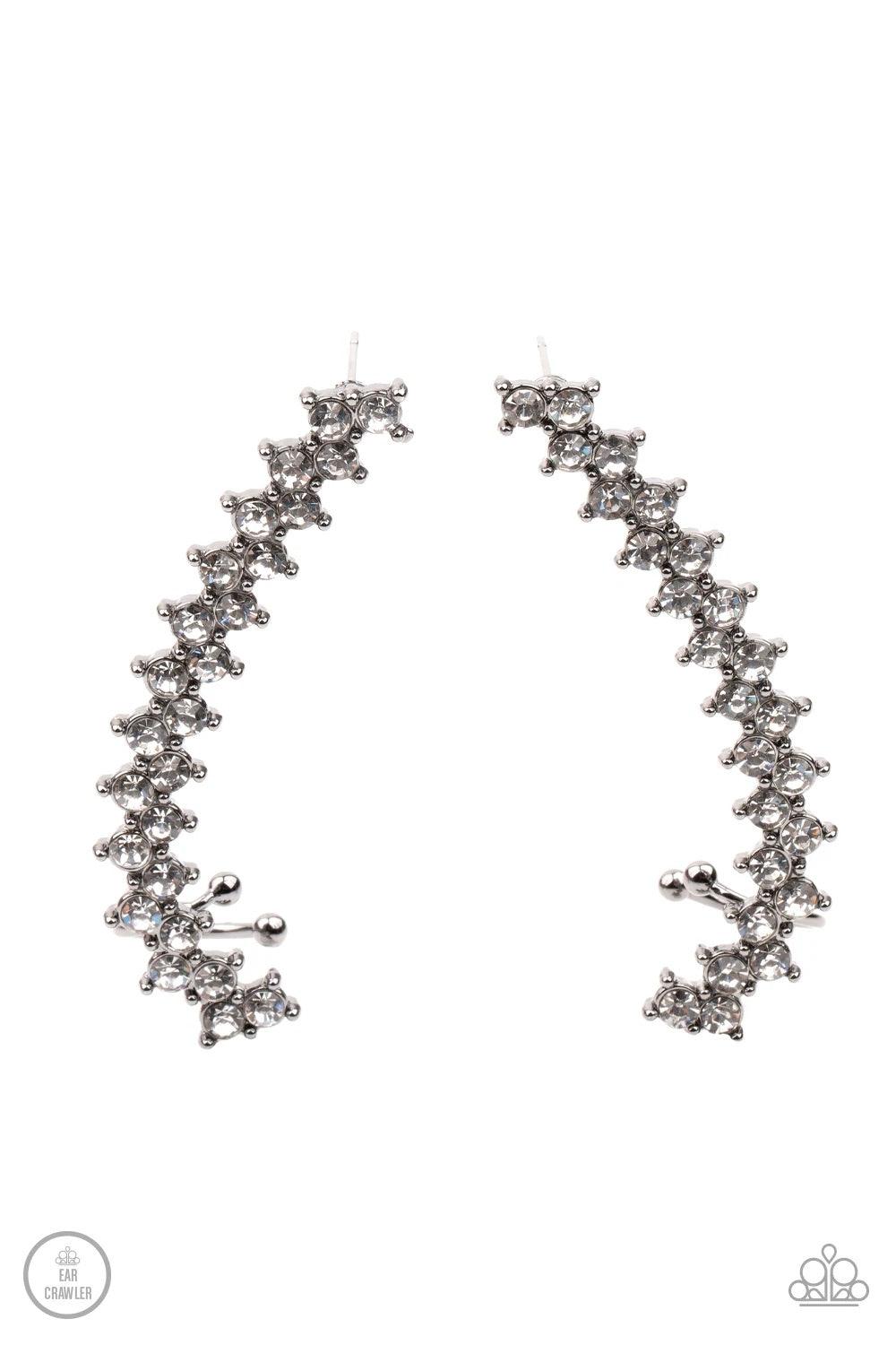 Paparazzi Accessories Let There Be LIGHTNING - Black Encased in studded gunmetal fittings, pairs of glassy white rhinestones stack into a zigzagging frame up the ear for an electrifying fashion. Features a dainty cuff attached to the top for a secure fit.