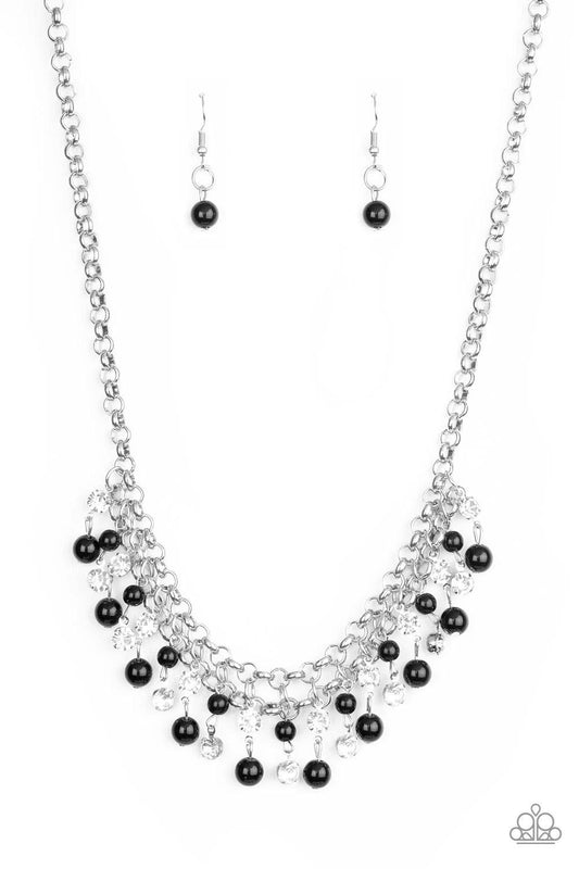 Paparazzi Accessories You May Kiss The Bride - Black Glittery white rhinestones and classic black beads swing from the bottom of interlocking silver chains, creating a bubbly fringe below the collar. Features an adjustable clasp closure. Sold as one indiv