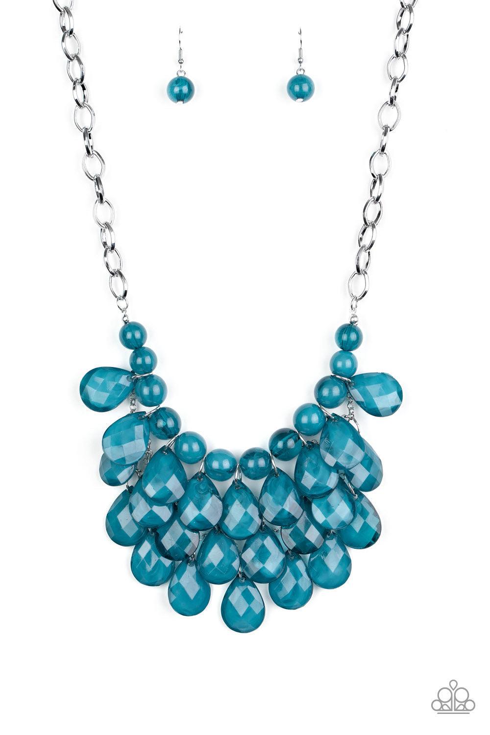 Paparazzi Accessories Sorry Burst Your Bubble - Blue Attached to a bold silver chain, round opaque Mosaic Blue beads are threaded along an invisible wire below the collar. Attached to a net of silver chains, faceted opaque teardrops cascade from the botto