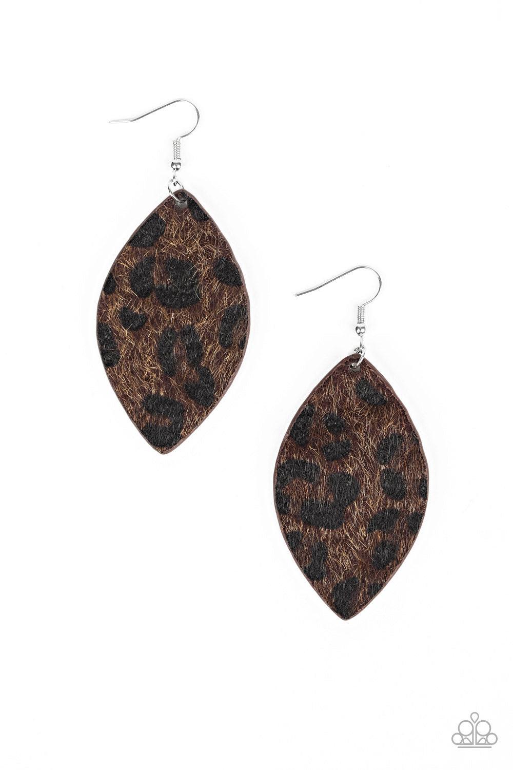 Paparazzi Accessories GRR-irl Power! - Brown Featuring black cheetah print, a fuzzy brown almond-shaped frame swings from the ear for a wild look. Earring attaches to a standard fishhook fitting. Jewelry