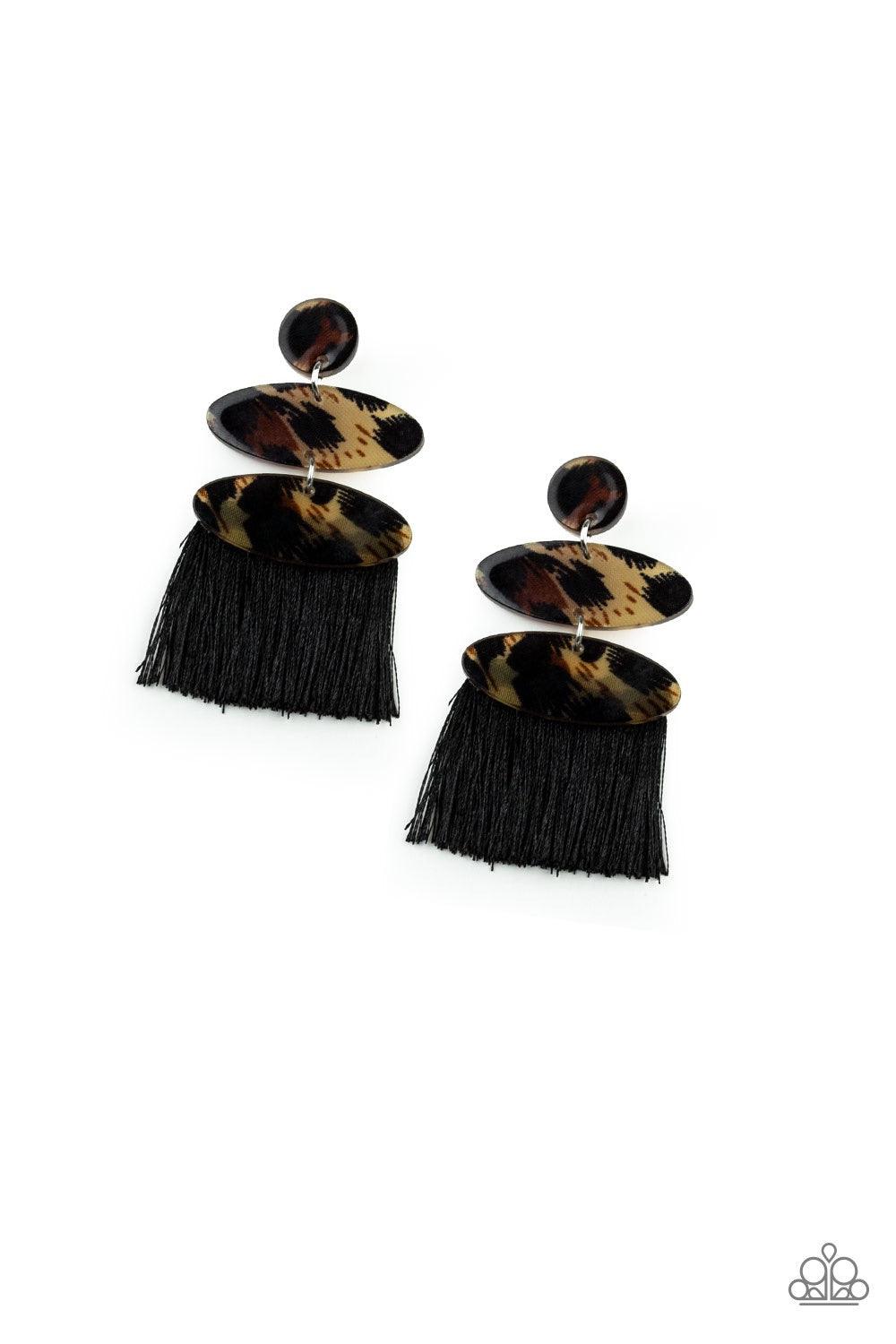 Paparazzi Accessories No One Likes A Cheetah - Black Featuring cheetah-like print, glassy frames link into a stacked lure. A fringe of shiny black thread streams from the bottom of the lure for a retro finish. Earring attaches to a standard post fitting.