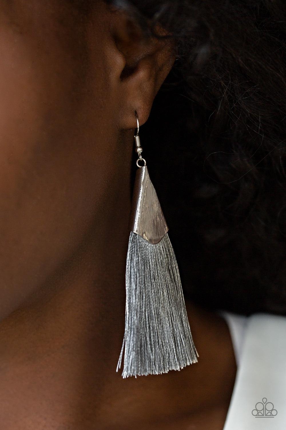 Paparazzi Accessories In Full PLUME -Silver A plume of shiny gray thread streams out from a triangular silver fitting, creating a flirty tassel. Earring attaches to a standard fishhook fitting. Jewelry