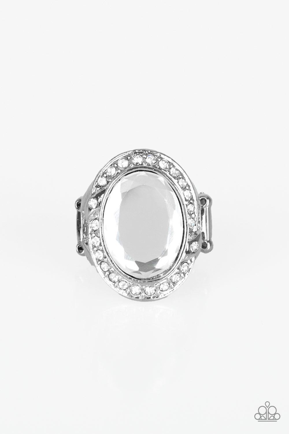 Paparazzi Accessories Queen Scene - White A dramatic white gem is pressed into a round silver frame radiating with glassy white rhinestones for a statement-making finish. Features a stretchy band for a flexible fit. Jewelry