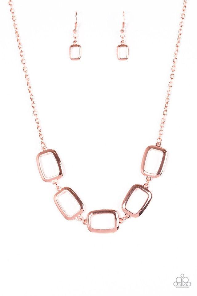 Paparazzi Accessories Gorgeously Geometric - Copper Swinging from the bottom of a shiny copper chain, asymmetrical rectangle frames link below the collar for an edgy geometric look. Features an adjustable clasp closure. Sold as one individual necklace. In