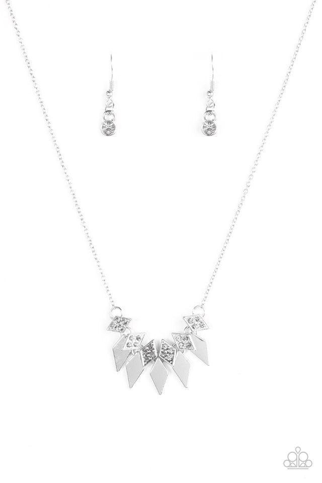 Paparazzi Accessories Over The Edge - Silver Encrusted in glittery smoky rhinestones, dainty diamond-shaped frames give way to matching silver frames, creating an edgy fringe below the collar. Features an adjustable clasp closure. Jewelry