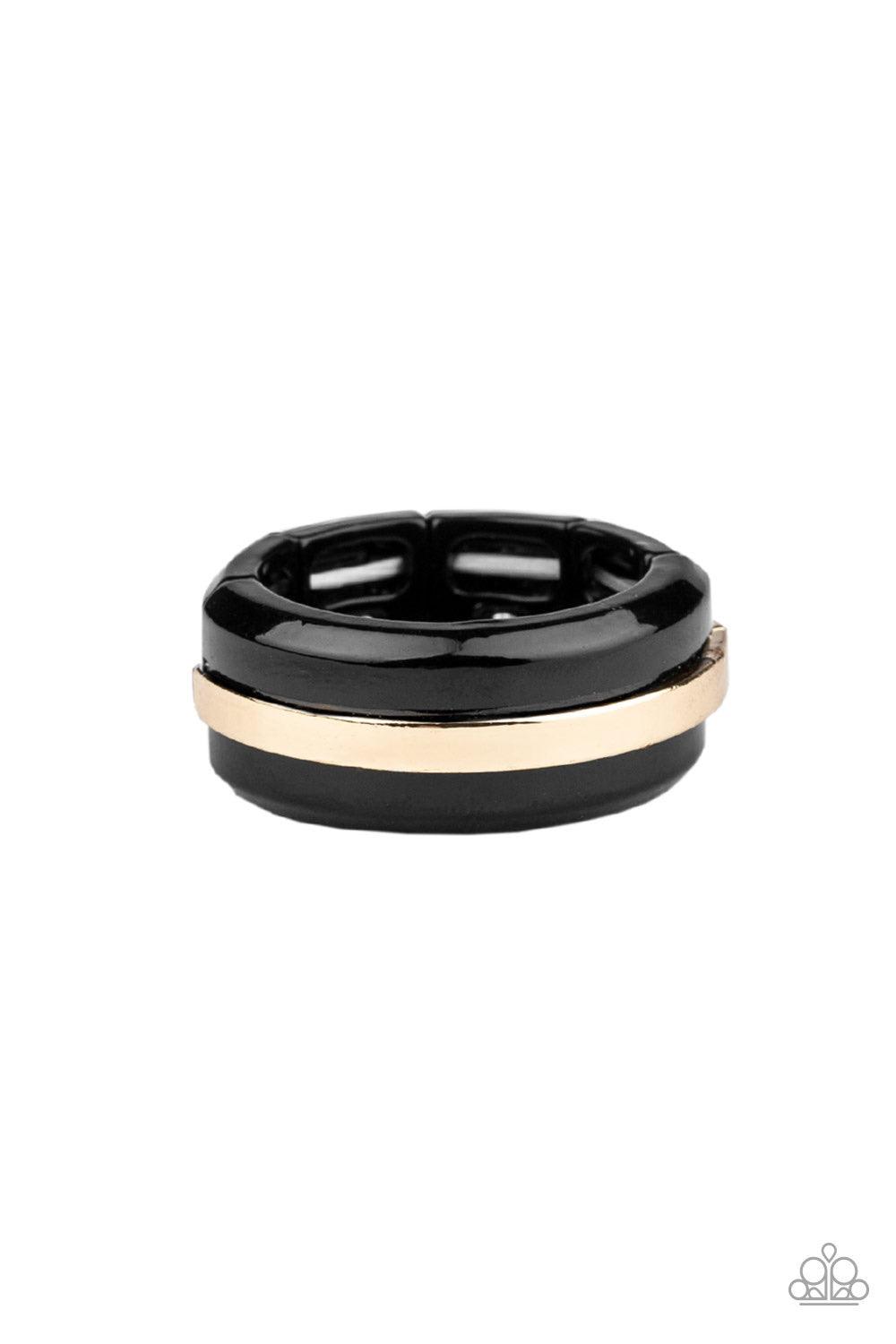 Paparazzi Accessories Battle Tank - Gold A glistening gold bar arcs across the center of a thick black band for a modern look. Features a stretchy band for a flexible fit. Jewelry