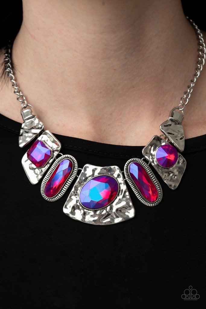 Paparazzi Accessories Futuristic Fashionista - Pink Featuring a stellar UV shimmer, mismatched iridescent Raspberry Sorbet gems adorn the front of hammered silver plates that abstractly connect below the collar for an out-of-this-world sparkle. Features a