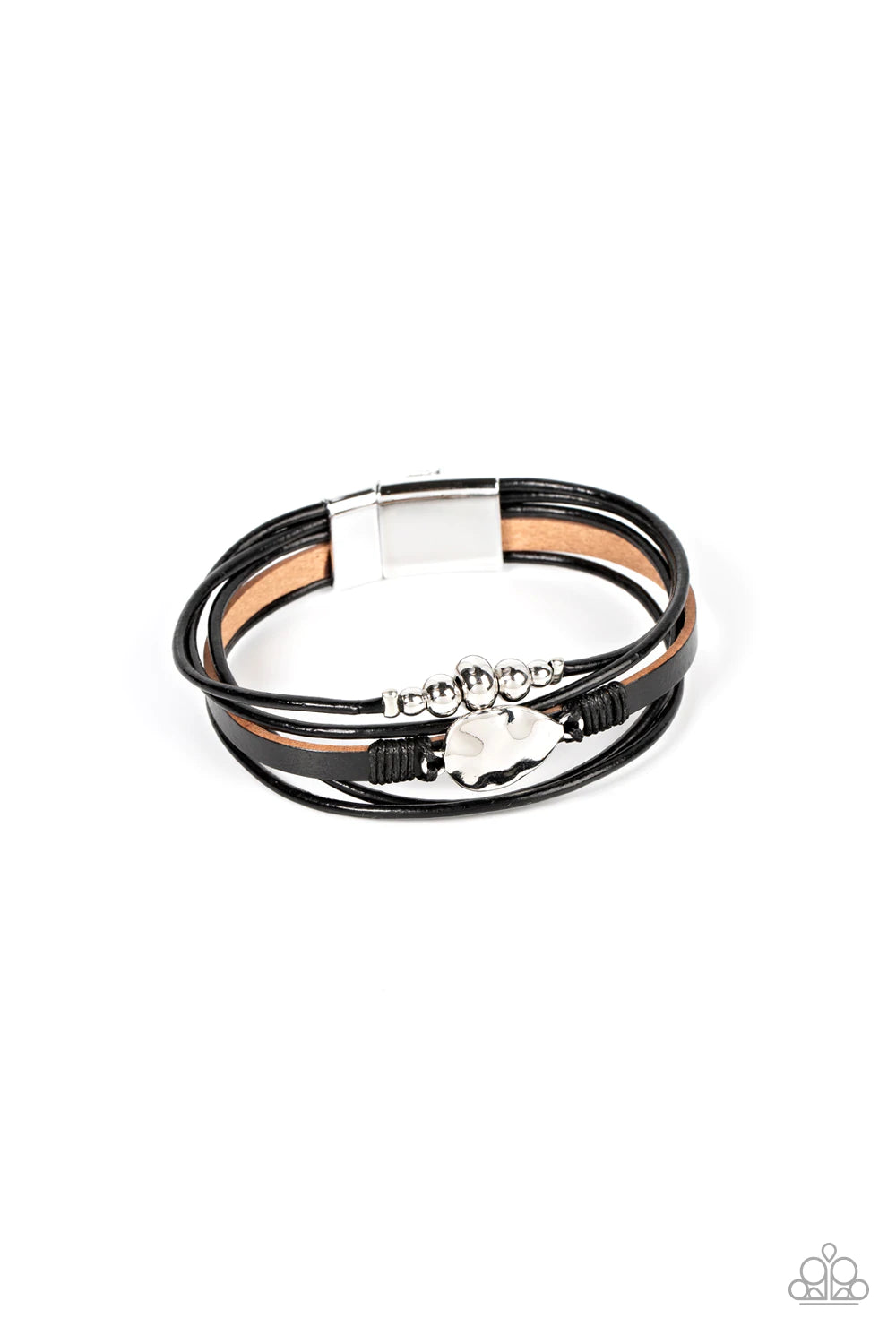 Paparazzi Accessories Tahoe Tourist - Black Infused with a silver beaded accent, rows of shiny black cording join a black leather band around the wrist. A hammered silver teardrop is knotted in place with black thread, adding an artisanal touch to the rus