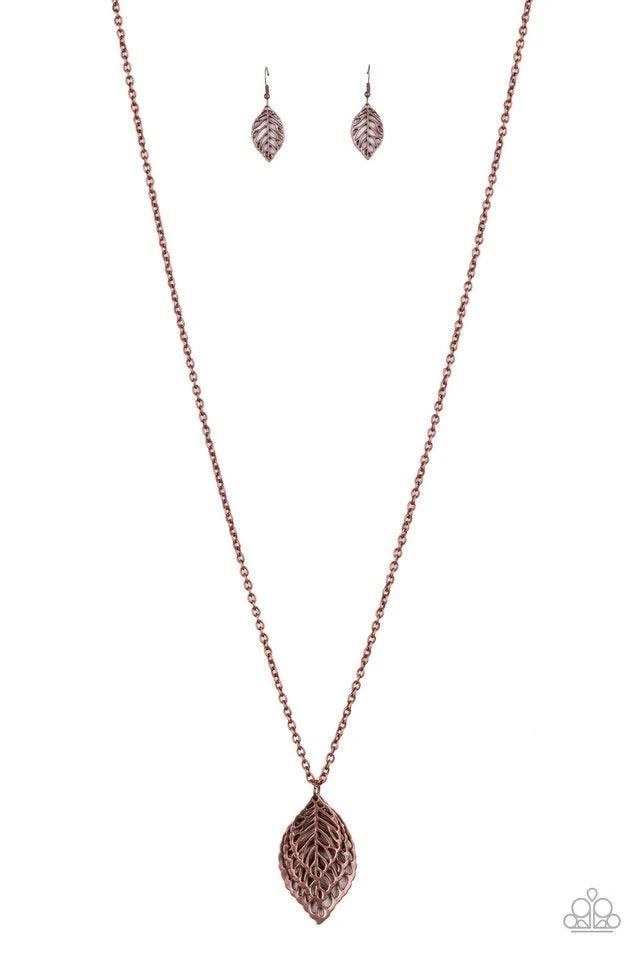 Paparazzi Accessories Just Be-LEAF - Copper Gradually increasing in size, airy copper leaf pendants swing at the bottom of a lengthened copper chain, creating a seasonal pendant. Features an adjustable clasp closure. Jewelry