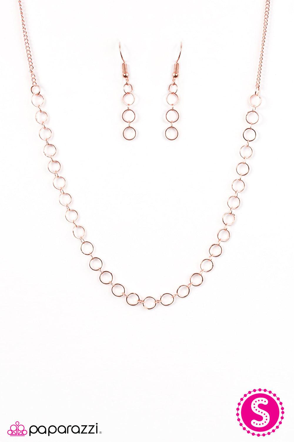Paparazzi Accessories Steampunk Shimmer - Copper Dainty copper rings link below the collar, creating blinding hints of shimmer. Features an adjustable clasp closure. Jewelry