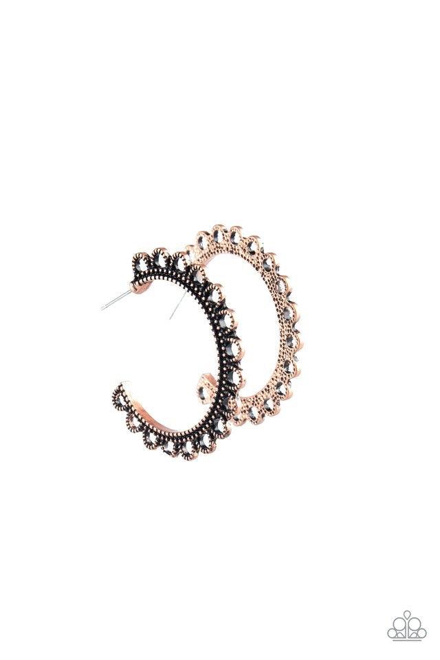 Paparazzi Accessories Bohemian Bliss - Copper Radiating with studded copper petals, an ornate copper hoop curls around the ear for a seasonal look. Earring attaches to a standard post fitting. Hoop measures 1 1/4" in diameter. Jewelry