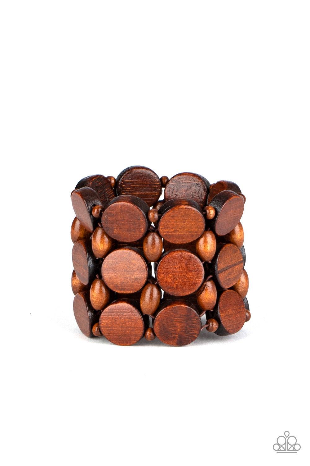 Paparazzi Accessories Cruising Coronado - Brown Cruising Coronado - Brown P9SE-BNXX-155XX Featuring disc, oval, and rounded shapes, a mismatched collection of earthy wooden beads are threaded along knotted stretchy strands, creating a tropical inspired lo