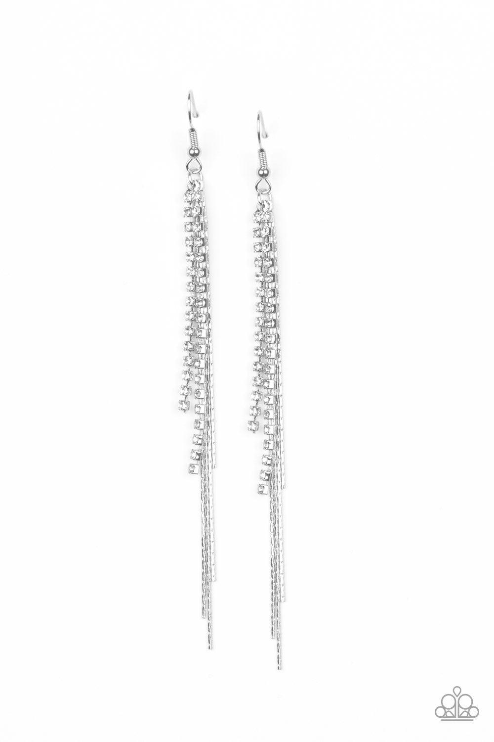 Paparazzi Accessories REIGN Check - White Strands of glittery white rhinestones and dainty silver chains stream from the ear, coalescing into a refined tassel. Earring attaches to a standard fishhook fitting. Jewelry