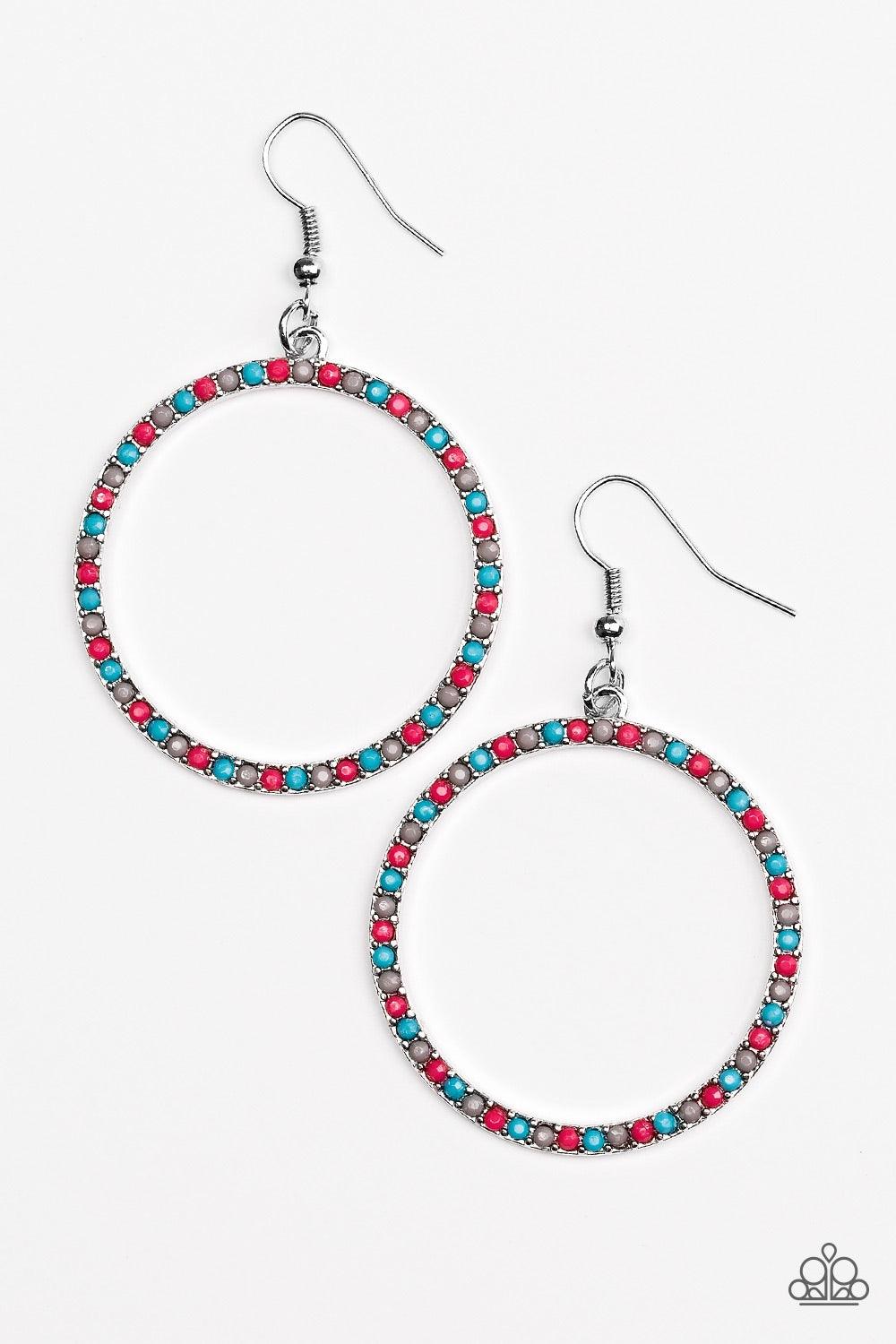Paparazzi Accessories Spring Party - Multi Dainty blue, gray, and pink beads are encrusted along a shimmery silver hoop for a perfect pop of seasonal color. Earring attaches to a standard fishhook fitting. Jewelry