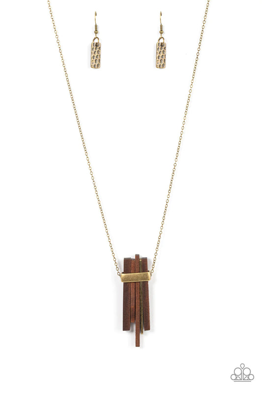 Paparazzi Accessories Cayman Castaway - Brass Banded together with a bold brass fitting, a collection of rectangular wooden frames join a hammered brass plate along an extended brass chain for an earthy twist. Features an adjustable clasp closure. Sold as