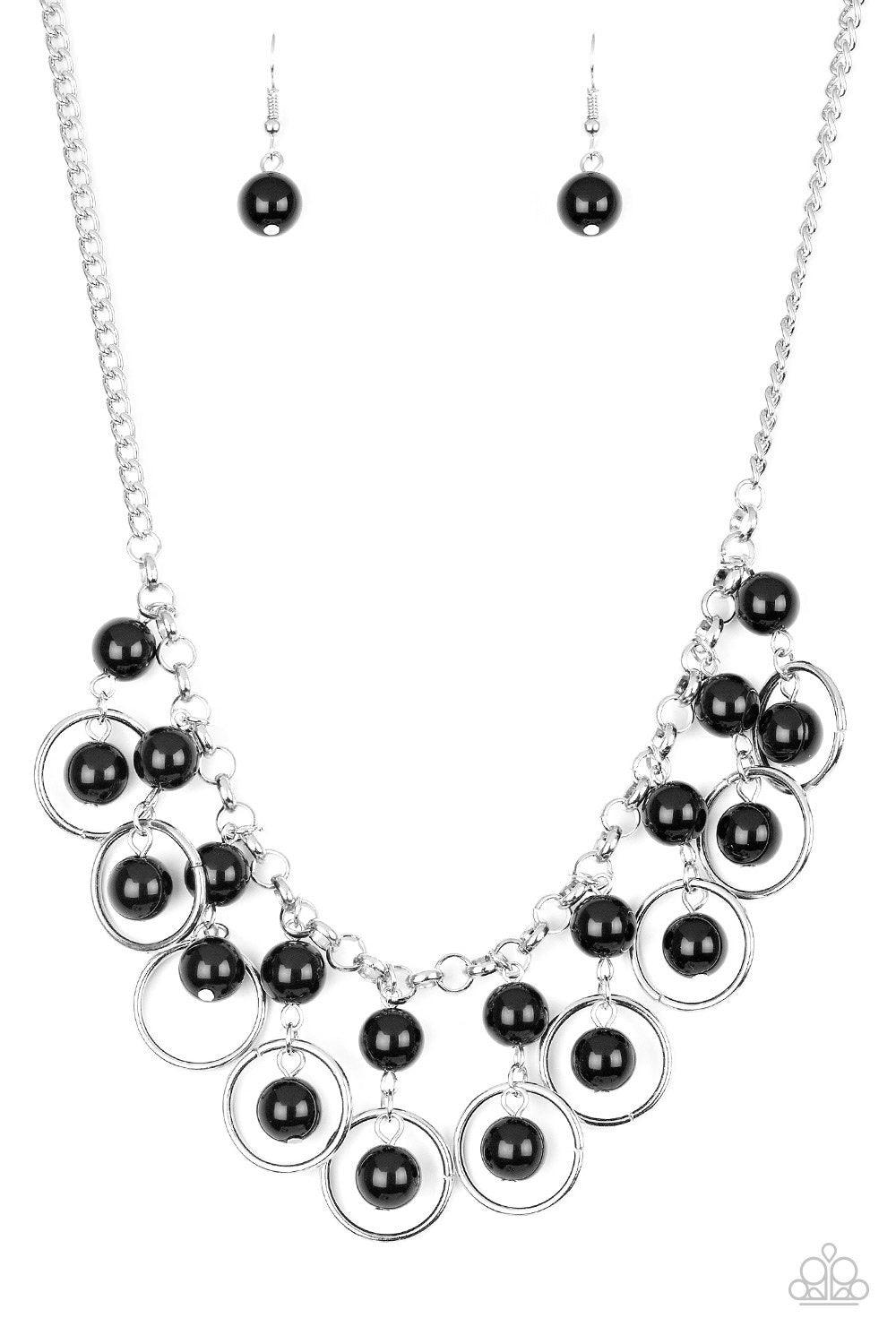 Paparazzi Accessories Really Rococo - Black Polished black beads and shimmery silver hoops drip from the bottom of a glistening silver chain, creating a playful fringe below the collar. Features an adjustable clasp closure. Sold as one individual necklace