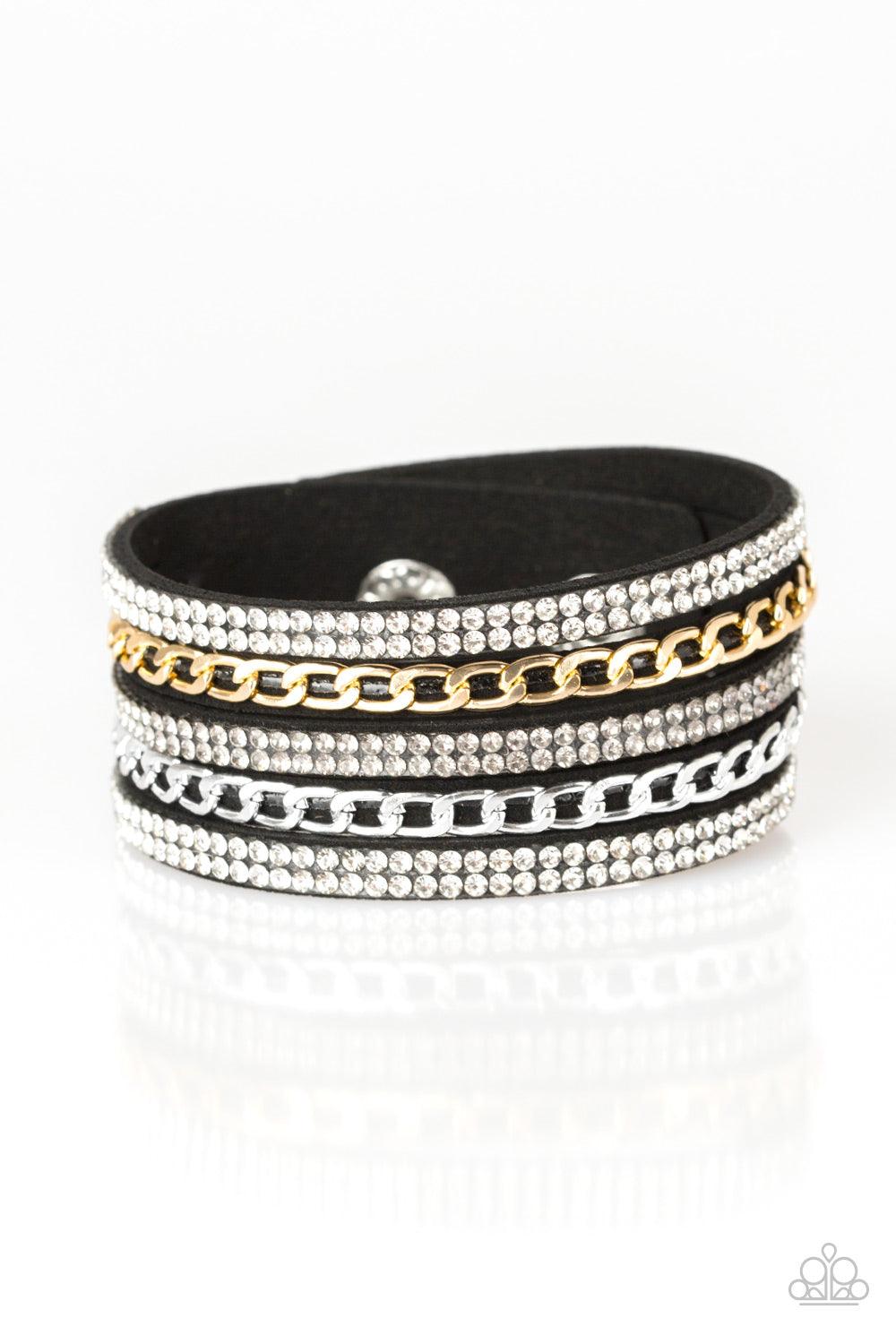 Paparazzi Accessories Fashion Fiend - Black Glassy white and smoky rhinestones are encrusted along strands of black suede. Glistening silver and gold chains are added to the bands, adding edgy industrial shimmer to the sassy palette. Features an adjustabl